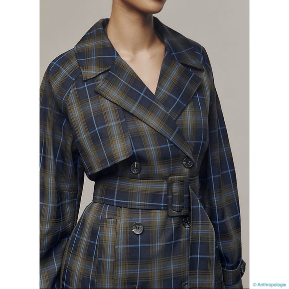 NWT Avec Les Filles Navy Blue Plaid Belted Trenchcoat (Oversize Fit) - Picture 2 of 8